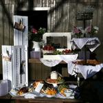 Table display for the cocktail hour. Our homemade onion dip with vegetable chips with fruit and a variety of cheeses.